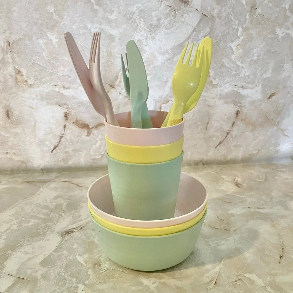 Ikea KALAS Girls 12 Pieces Bowls Cups‎ Cutlery Mixed Pastel Colors PBA Free